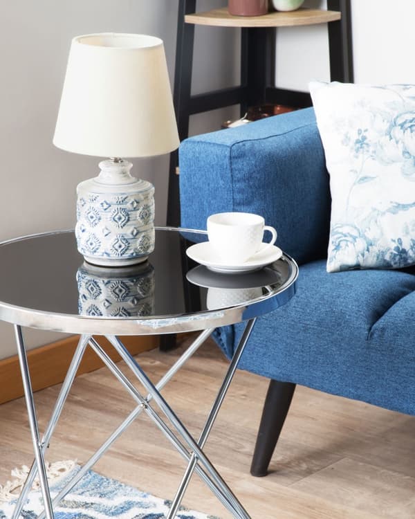 Bordlampe Beige Blå Keramisk Sokkel Stoffskjerm Lampe til Sengebord med Stemningsbelysning