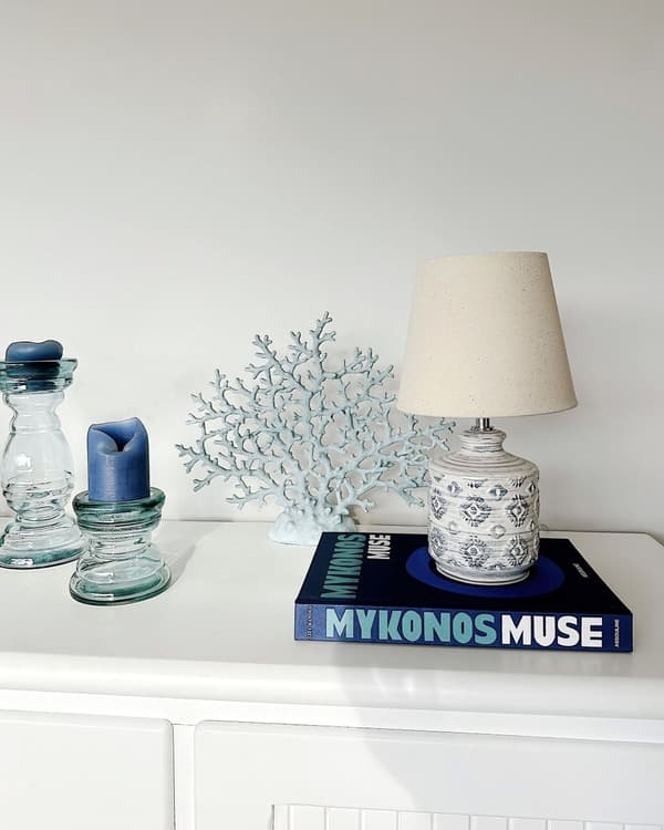 Bordlampe Beige Blå Keramisk Sokkel Stoffskjerm Lampe til Sengebord med Stemningsbelysning
