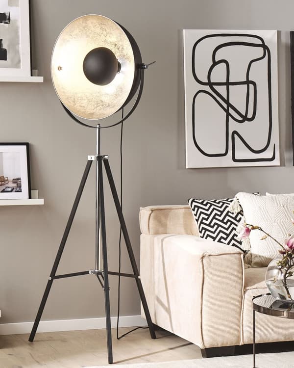 Gulvlampe Svart med Sølvfarget Metall 165 cm Stativfot Justerbar Åpen Skjerm Industriell Design
