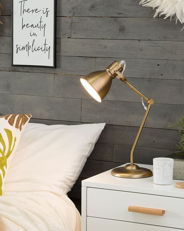 Bordlampe Messing Metall Justerbar Arm Leselampe Rund Skjerm Moderne Design