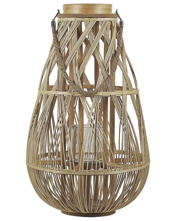 Lanterne Lyst tre Bambus Glass 58 cm Innendørs- og utendørsbruk Vevd lysholder Skandinavisk Boho