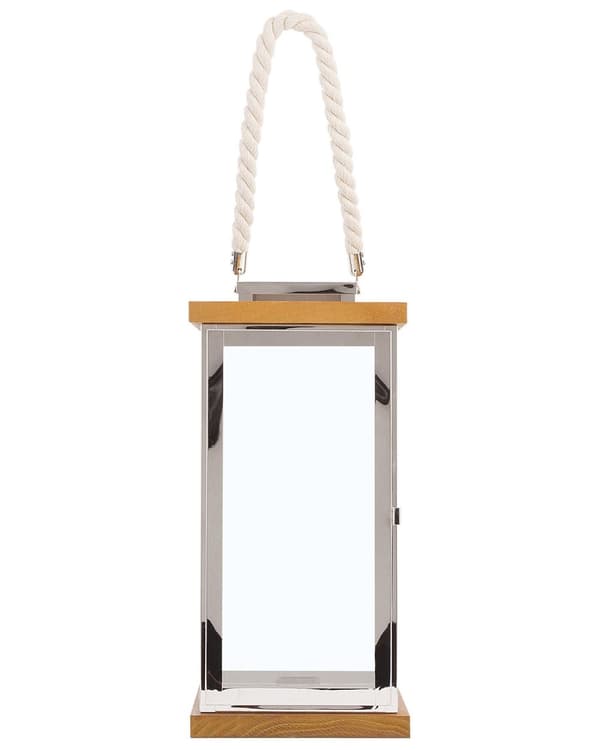 Lanterne Lyst tre Sølv Metall 19 x 41 cm Tauhåndtak Marine Moderne Innendørs- og utendørsbruk