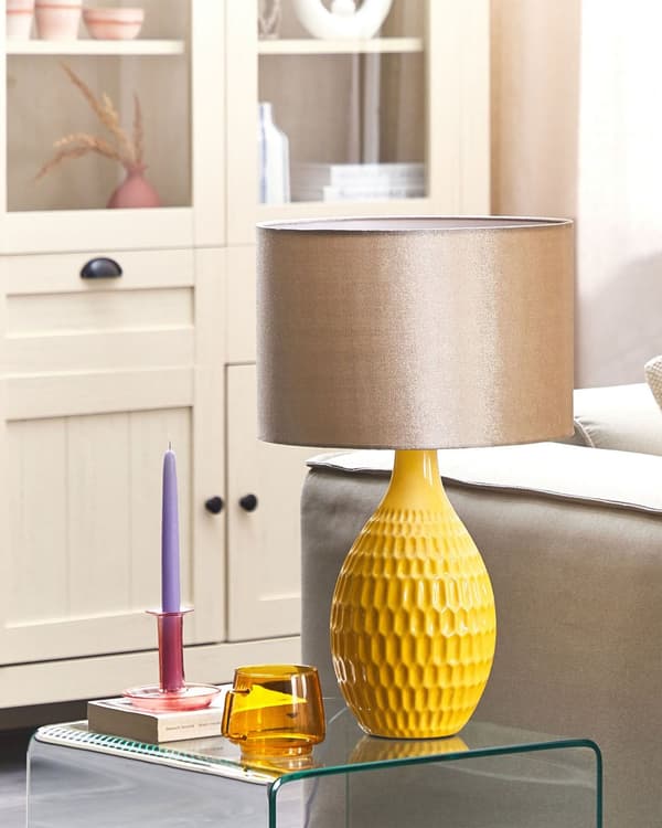 Bordlampe Gul Keramikk 54 cm Retro Nattlysskjerm Preget blank Soverom Stue