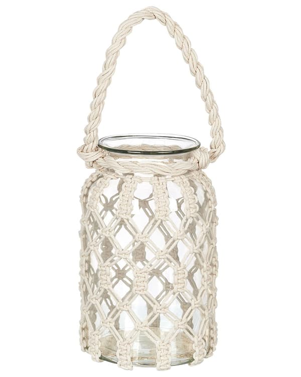 Lanterne Hvit Glass 31 x 20 cm Makrame Tau Håndtak Krukke Boho