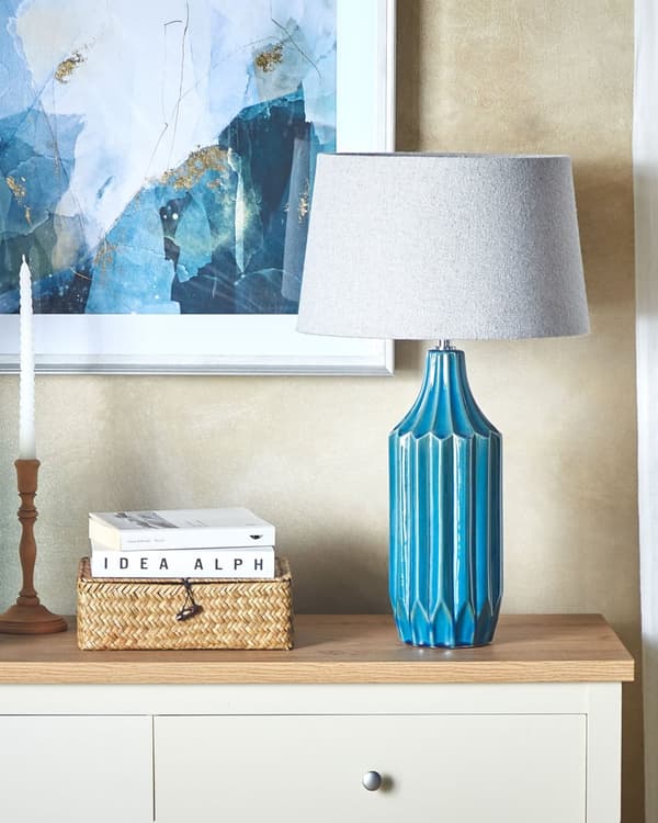 Bordlampe Blå Rillet keramisk base Lampeskjerm i stoff Stemningsfullt lys Klassisk design