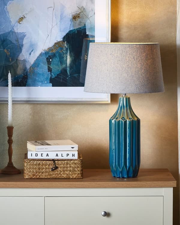 Bordlampe Blå Rillet keramisk base Lampeskjerm i stoff Stemningsfullt lys Klassisk design