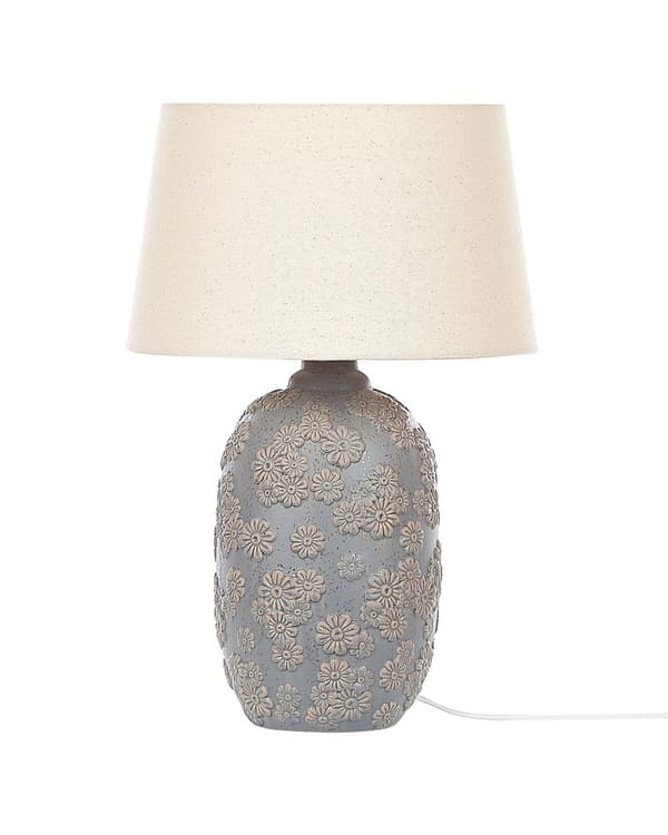 Bordlampe grå og beige keramikk 46 cm blomstermønster Empireskjerm nattbord soverom stue belysning