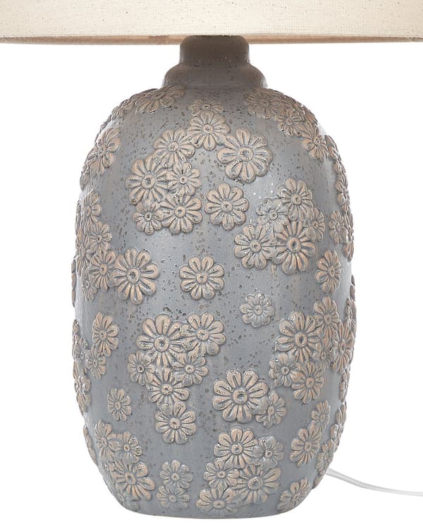 Bordlampe grå og beige keramikk 46 cm blomstermønster Empireskjerm nattbord soverom stue belysning