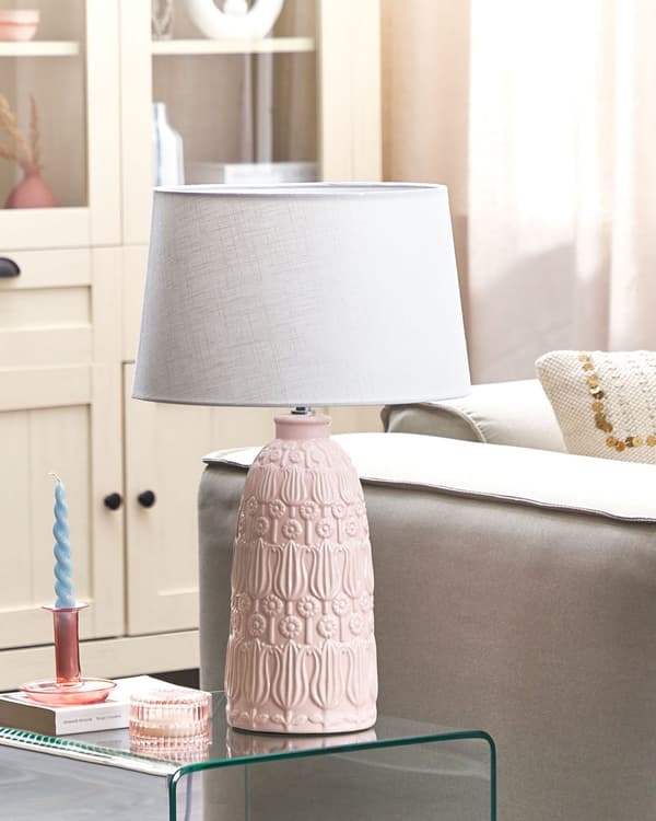 Bordlampe Rosa Keramisk Utsmykket Base Hvit Stoffskjerm Boho Rustikk Design Hjem Belysning