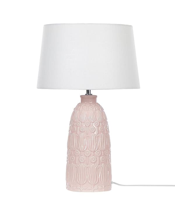 Bordlampe Rosa Keramisk Utsmykket Base Hvit Stoffskjerm Boho Rustikk Design Hjem Belysning