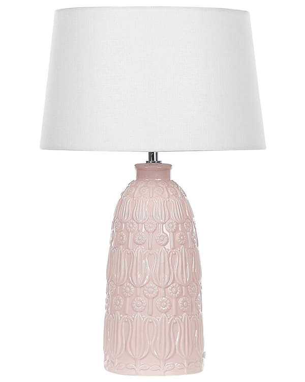 Bordlampe Rosa Keramisk Utsmykket Base Hvit Stoffskjerm Boho Rustikk Design Hjem Belysning