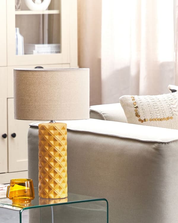 Bordlampe Gul Keramikk 49 cm Geometrisk Mønster Beige Trommeskjerm Nattbord Stue Soveromsbelysning