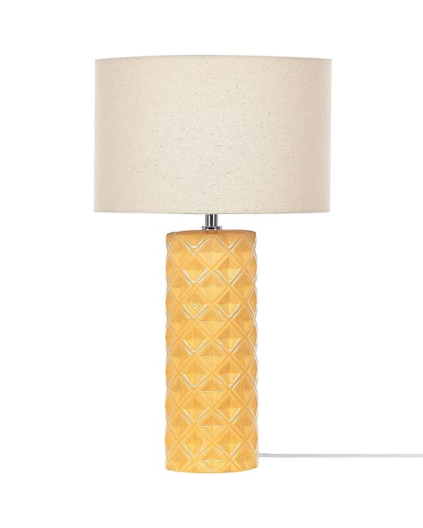 Bordlampe Gul Keramikk 49 cm Geometrisk Mønster Beige Trommeskjerm Nattbord Stue Soveromsbelysning