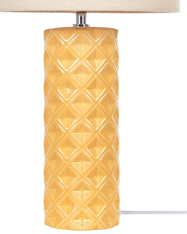 Bordlampe Gul Keramikk 49 cm Geometrisk Mønster Beige Trommeskjerm Nattbord Stue Soveromsbelysning