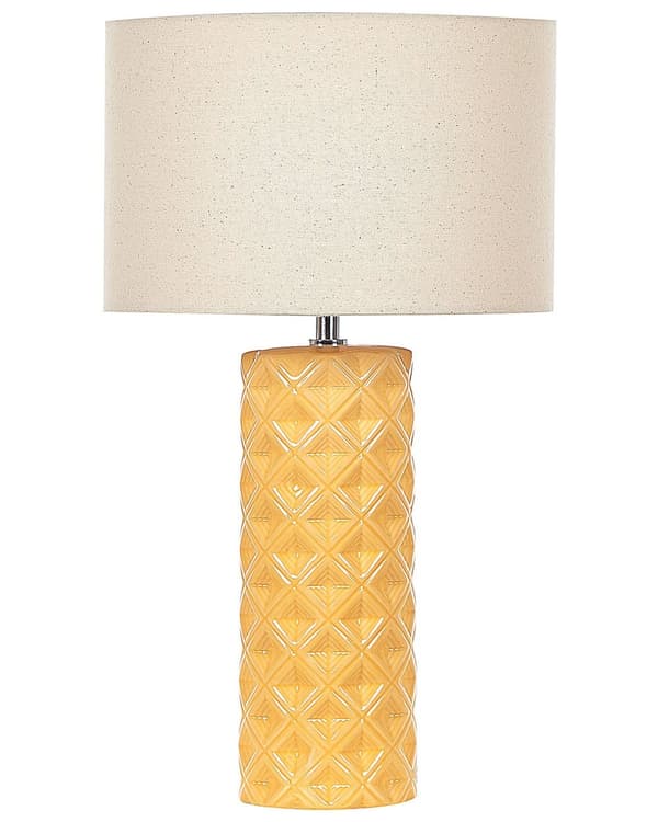 Bordlampe Gul Keramikk 49 cm Geometrisk Mønster Beige Trommeskjerm Nattbord Stue Soveromsbelysning