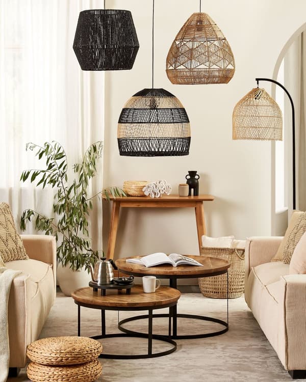 Pendellampe svart papirsnor naturlig materiale skjerm justerbar ledning boho belysning hengende lys