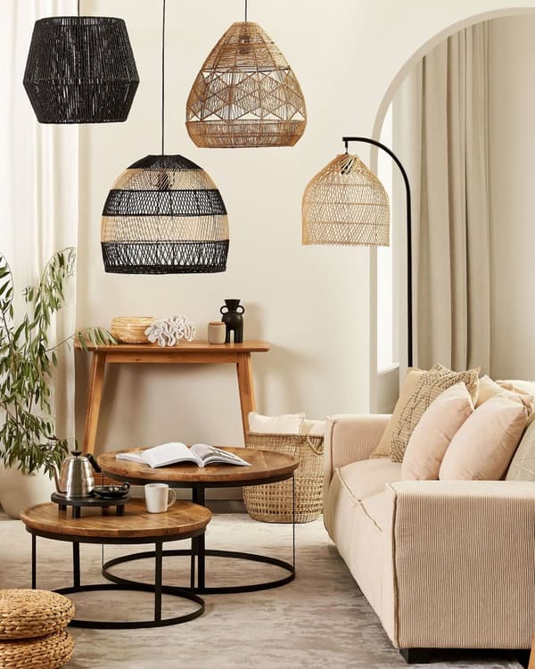 Gulvlampe natur beige metall rotting lampeskjerm 165 cm boho belysning stue