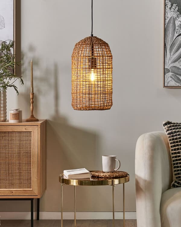 Pendellampe brun naturlig papirsnor åpen struktur skjerm justerbar ledning boho belysning