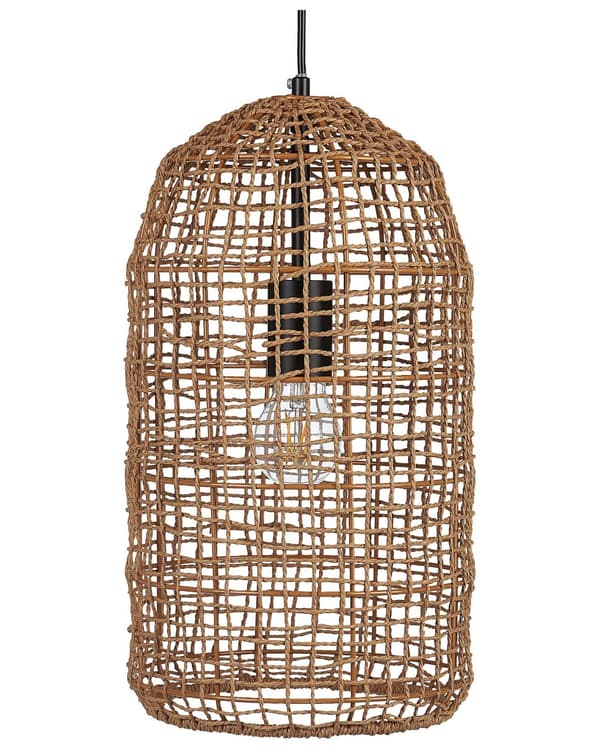 Pendellampe brun naturlig papirsnor åpen struktur skjerm justerbar ledning boho belysning