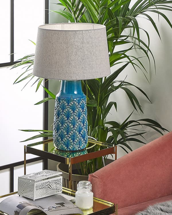 Nattbordslampe i Sjøblå og Grå Keramikk 55 cm med Bladmønster Tradisjonell