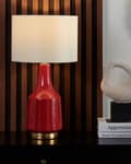 Miniatyrbilde 2 av 11: Bordlampe Nattbordslampe Rød Keramikkfot Off-White Polycotton Drum Rund Skjerm