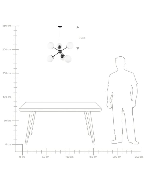 Pendellampe Svart Metall 100 cm med 6 Lyspærer Hvite Glass Globeskjermer