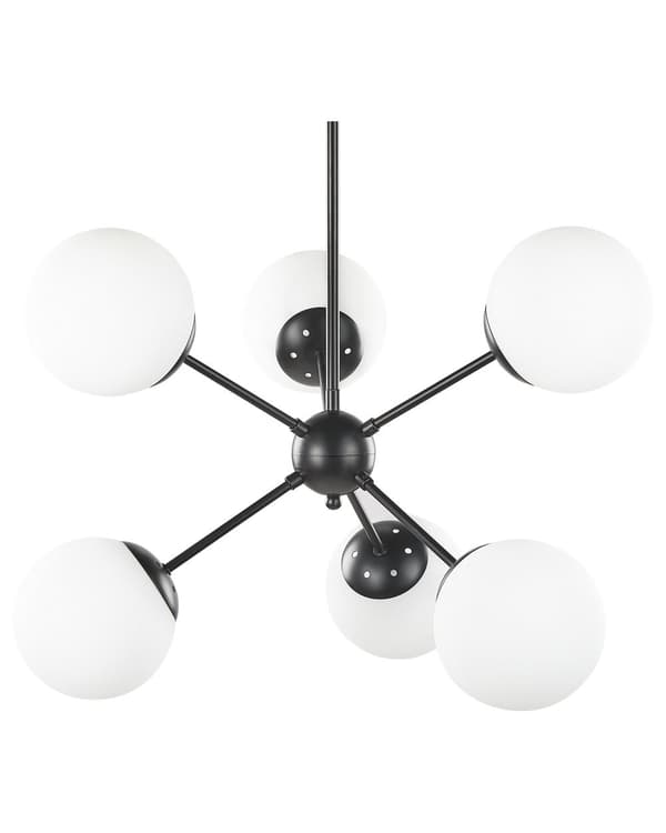 Pendellampe Svart Metall 100 cm med 6 Lyspærer Hvite Glass Globeskjermer