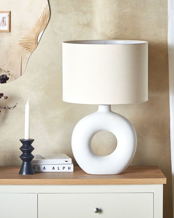 Bordlampe Hvid Beige Keramik med Hør Bomuld ø 38 x 58 cm Dekorativ Sengelampe Hul Base Cylinderformet Lampeskærm Design til Stue Soveværelse
