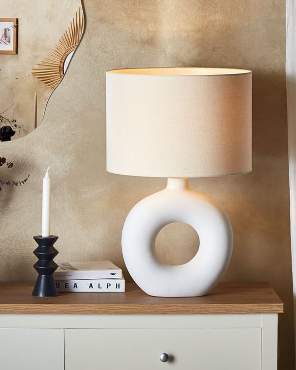 Bordlampe Hvid Beige Keramik med Hør Bomuld ø 38 x 58 cm Dekorativ Sengelampe Hul Base Cylinderformet Lampeskærm Design til Stue Soveværelse