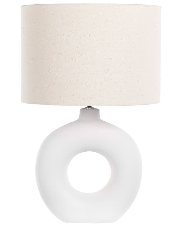 Bordlampe Hvid Beige Keramik med Hør Bomuld ø 38 x 58 cm Dekorativ Sengelampe Hul Base Cylinderformet Lampeskærm Design til Stue Soveværelse