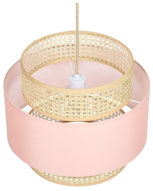 Pendant Lampe Natural Pink Rattan Polyester Skræm Boho Stil Hængelampe