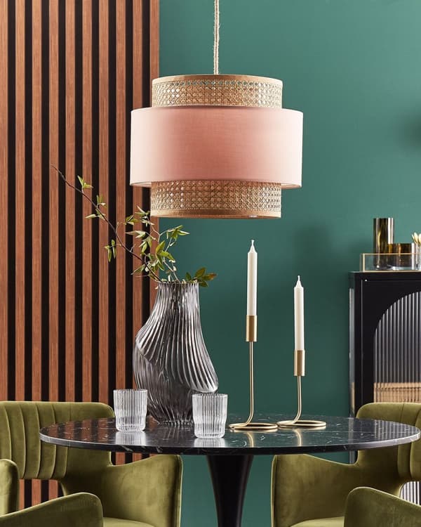 Pendant Lampe Natural Pink Rattan Polyester Skræm Boho Stil Hængelampe