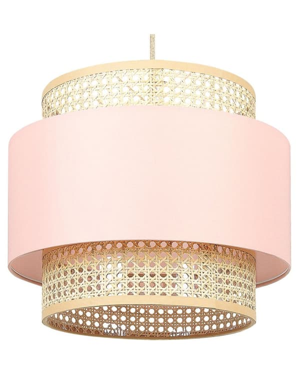 Pendant Lampe Natural Pink Rattan Polyester Skræm Boho Stil Hængelampe