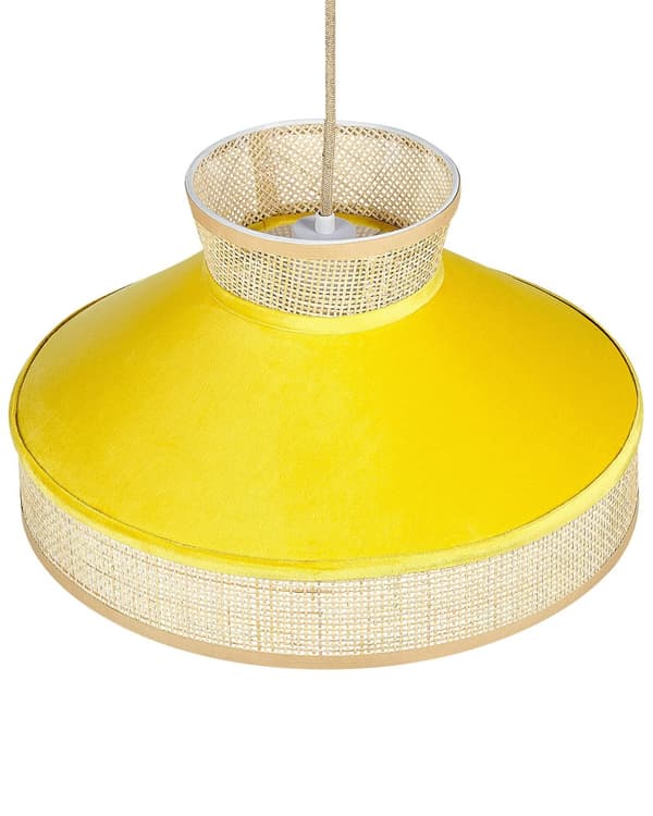 Pendant Lampe Natural Gul Rattan Velour Skærm Boho Stil