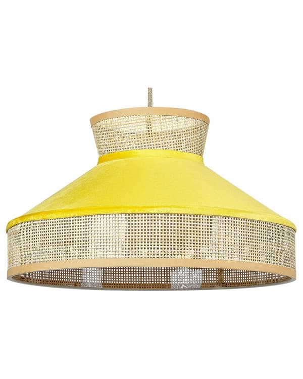 Pendant Lampe Natural Gul Rattan Velour Skærm Boho Stil