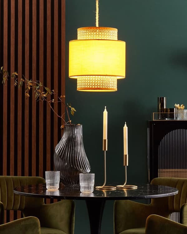 Pendel Naturlig Gul Rattan Stof Shade Boho Stil