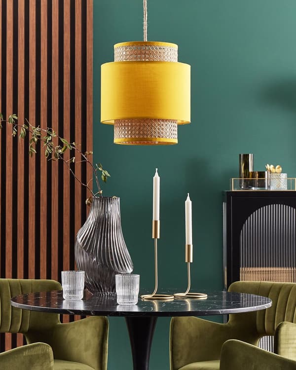 Pendel Naturlig Gul Rattan Stof Shade Boho Stil