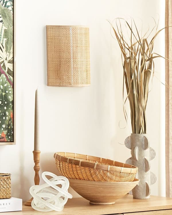 Væglampe Natur rattan 25 cm Halvtrommeskærm Sengebord Lys Soveværelse Stue Boho Rustik
