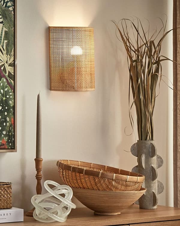 Væglampe Natur rattan 25 cm Halvtrommeskærm Sengebord Lys Soveværelse Stue Boho Rustik