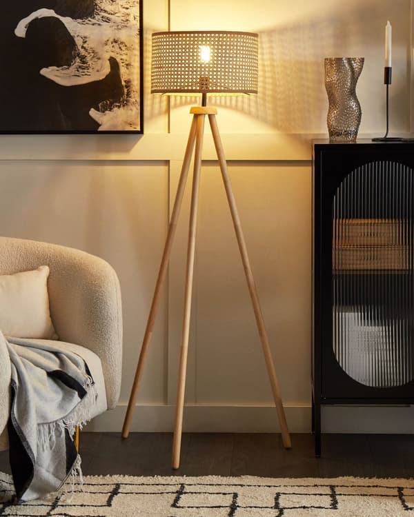 Gulvlampe Natur rattan Gummi Træ 151 cm Stativ Ben Trommeskærm Boho Rustik Stue Soveværelse