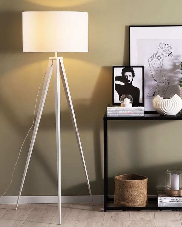Gulvlampe Hvit Polycotton 156H cm Hvit Metall Stativben Trommeskjerm Moderne