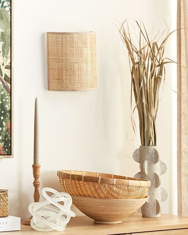 Væglampe Natur rattan 22cm Halvtrommeskærm Sengebord Lys Soveværelse Stue Boho Rustik
