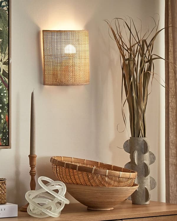 Væglampe Natur rattan 22cm Halvtrommeskærm Sengebord Lys Soveværelse Stue Boho Rustik