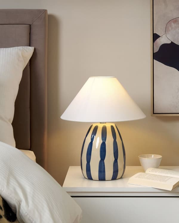 Bordlampe Lys Beige og Blå Keramik 41 cm Hvid Kegleskærm Håndlavet Sengebord Stue Soveværelsesbelysning