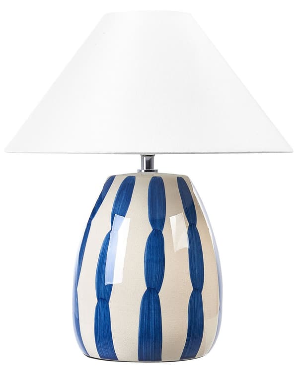 Bordlampe Lys Beige og Blå Keramik 41 cm Hvid Kegleskærm Håndlavet Sengebord Stue Soveværelsesbelysning