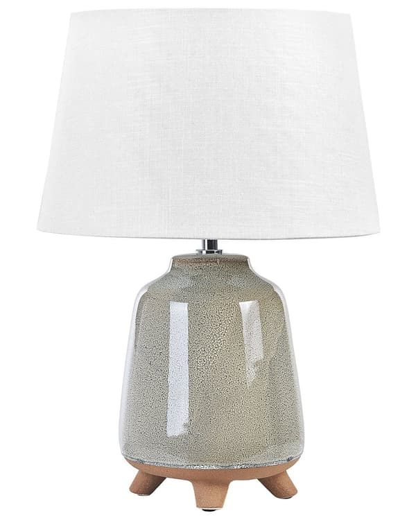 Bordlampe Grå Keramik 46 cm Hvid Kegleskærm Håndlavet Sengebord Stue Soveværelse Belysning