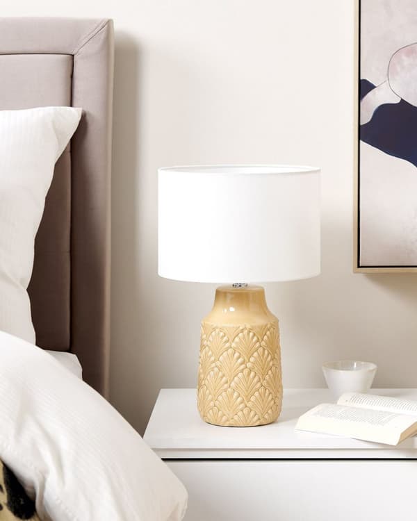 Bordlampe Gul Keramisk Blank Stoffskjerm Teksturert Nattlampe Skrivebordslys Moderne