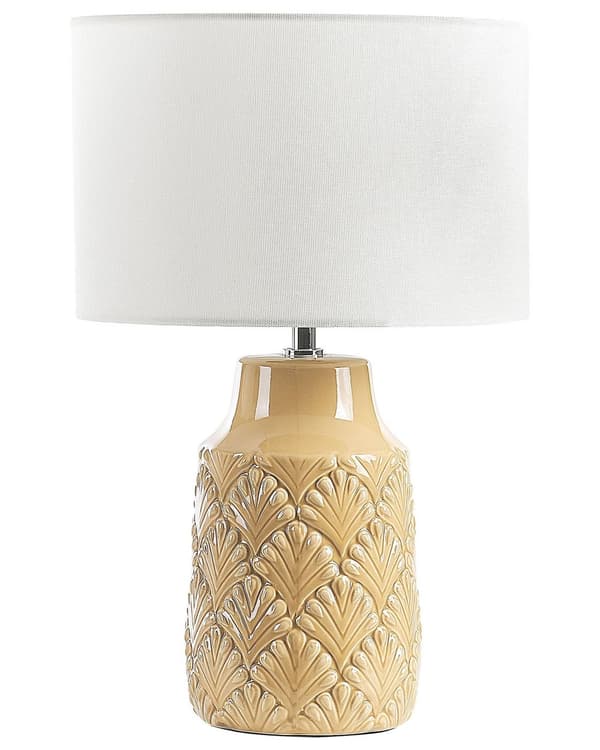 Bordlampe Gul Keramisk Blank Stoffskjerm Teksturert Nattlampe Skrivebordslys Moderne