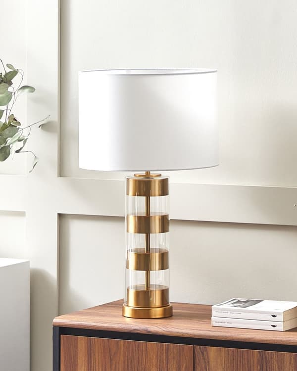 Bordlampe Gull Gjennomsiktig Glass Sokkel med hvit trommelform Stoffskjerm Moderne