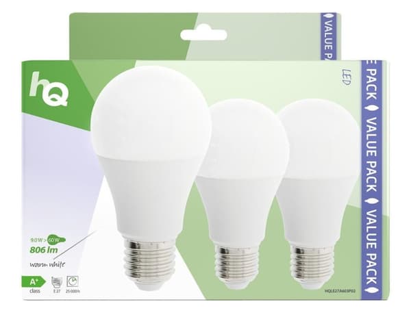 HQ HQLE27A603P02 Led pære 3 stk. E27 A60 9 W 806 Lm 2700 K